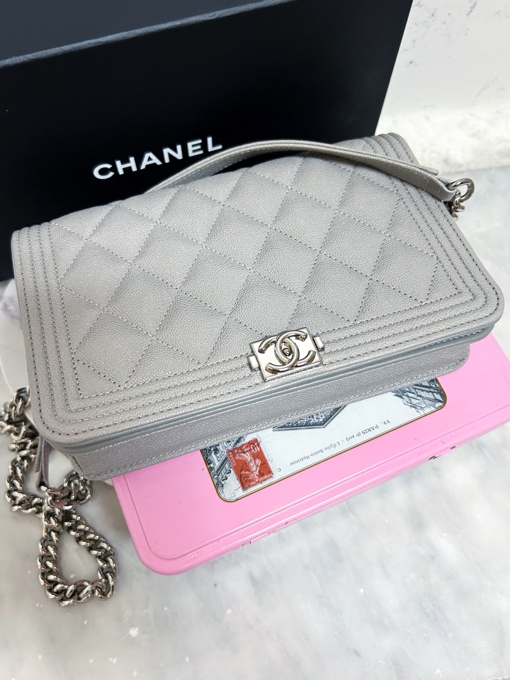 Authentic Chanel Grey Caviar Leather Diamond Quilted Le Boy Wallet on Chain Bag